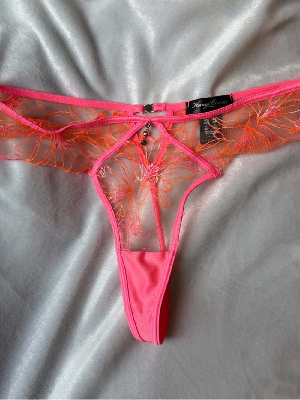 Honey Birdette Neon Pink Thong with Orange Floral Embroidery